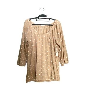 New York & Company Tan White Polka Dot Long Sleeve Round Neck T shirt.